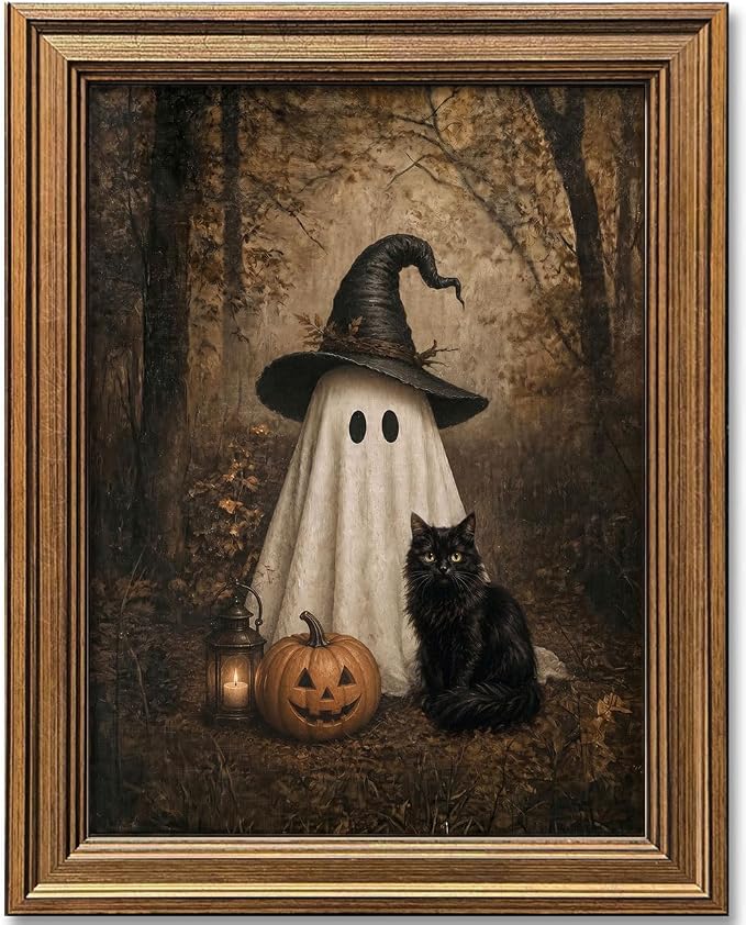 Wemandh Vintage Halloween Wall Art, Gold Framed Cute Ghost and Black Cat Canvas Print, Dark Academia Spooky Room Decor, Witch Hat Pumpkin Fall Picture for Gothic Home Office (9.5'' x 12'') - skull wall art