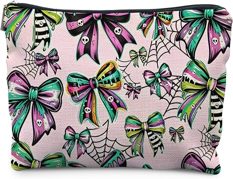 Spooky Halloween Coquette Bow Canvas Makeup Bag Gifts for Women - skull suitcase