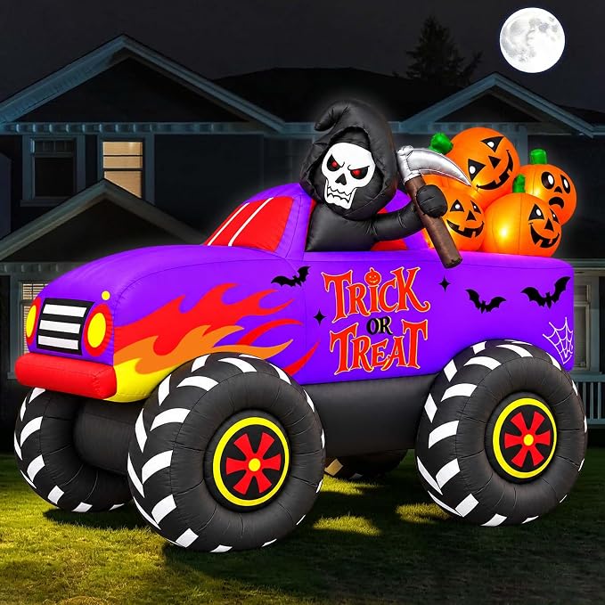 SEASONBLOW 9 FT Long Halloween Inflatables Monster Truck Outdoor Decorations, Light Up Blow Up Grim Reaper with Pumpkins on Truck Car for Halloween Party Indoor Outdoor Garden Yard Decor - skull inflatable