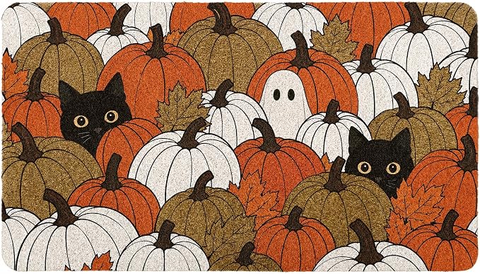 Fall Halloween Door Mat, Pumpkin Cat Faux Coir Doormat 17×30 in