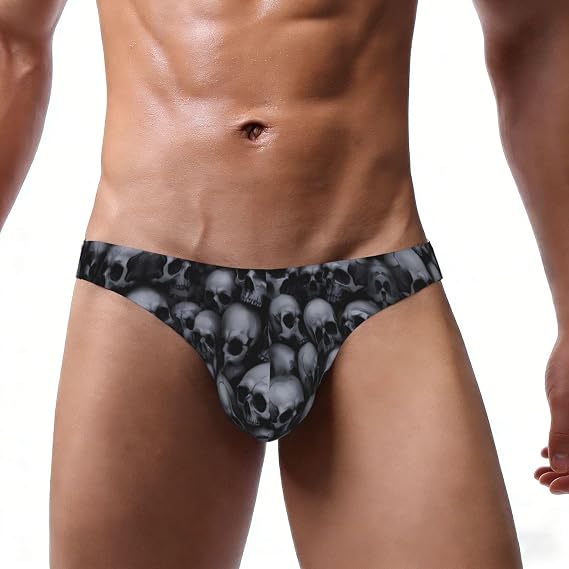 Gothic Skull Print Mens Bikini Briefs Low Rise Sexy Underwear Soft Support Bulge Pouch Briefs - skull swimsuit
