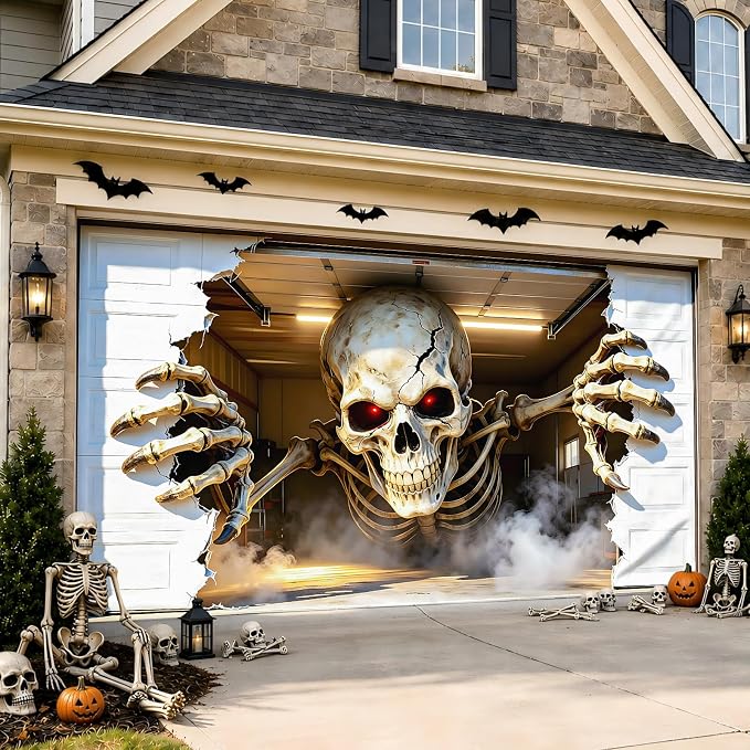 Halloween Garage Door Cover 16x7 FT, Realistic Garage Scene Design - skeleton