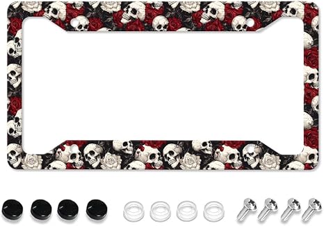 Skull Red Rose License Plate Frame - 12.2x6.3 Inch Aluminum Gothic Car Cover for US Standard Plates for Women Men - skull plate