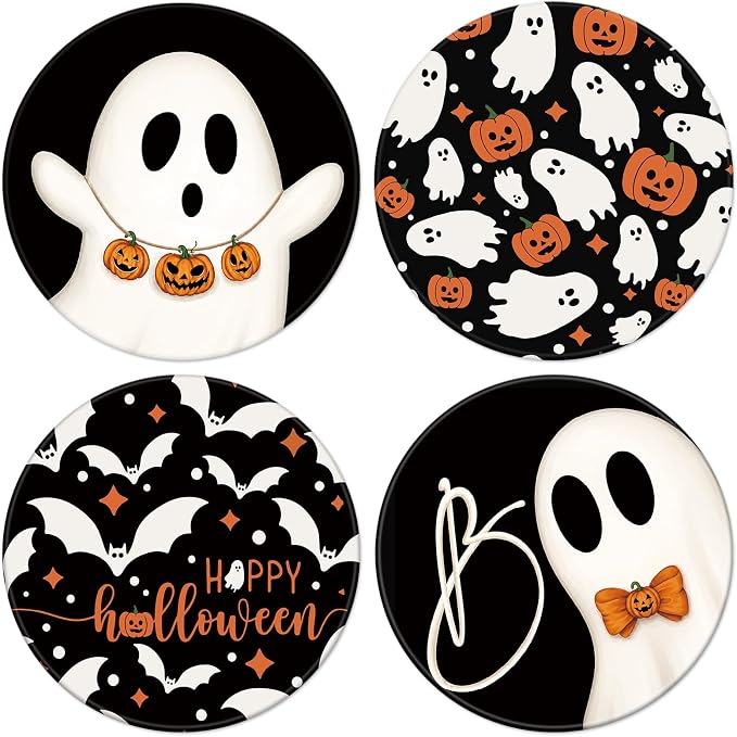 JarThenaAMCS 4 Pcs Halloween Coasters Boo Ghost Pumpkin Bat Cup Mat Absorbent Round Ceramic Drink Coasters for Halloween Home Kitchen Office Bar Coffee Table Decor - skull coaster