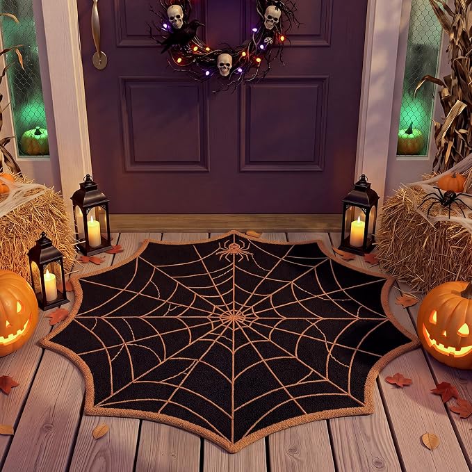 Nuanchu Halloween Spider Web Coir Door Mat, 24 x 24 Inch Welcome Doormat