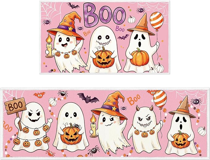Halloween Kitchen Rug Set of 2 - Halloween Pink Ghost Kitchen Mats Gold Diamond Velvet, Cute Pumpkin Boo Kitchen Rugs for Fall Indoor Home Decor 16x28 16x47 Inch - skull carpet