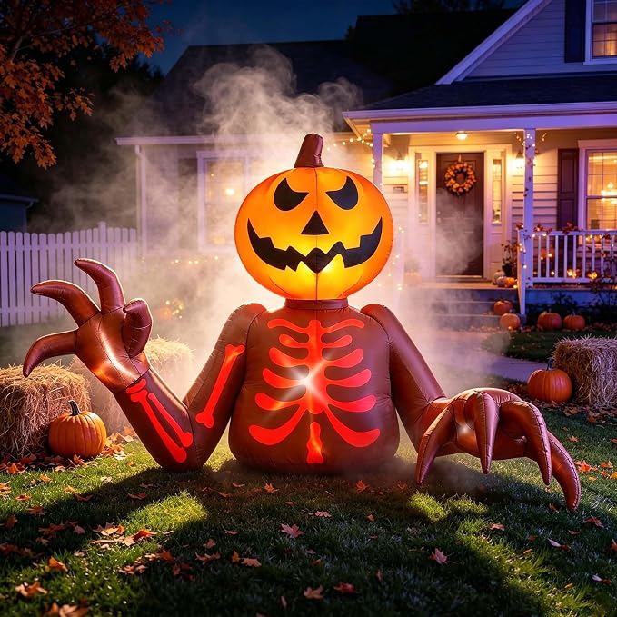 SEASONBLOW 5 FT Long Halloween Inflatable Pumpkin Skeleton Skull Outdoor - skull inflatable