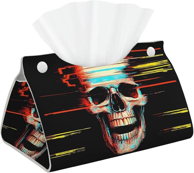 Glitch Screaming Skull Print Tissue Box Cover,Rectangular Pu Leather Tissue Holder for Bathroom Living Room Office - skull toilet paper