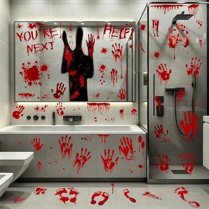 67PCS Bloody Halloween Decor, Handprint Halloween Window Clings for Home - skull sticker