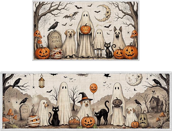 Halloween Kitchen Rug Set of 2 – Halloween Vintage Ghost Dog Kitchen Mat, Pumpkin Black Cat Kitchen Rugs for Fall Indoor Home Decor 16×28 16×47 Inch
