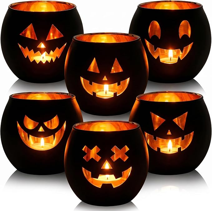 Halloween Tea Light Candle Holders Set of 6, Votive Candle Holders - skull candle