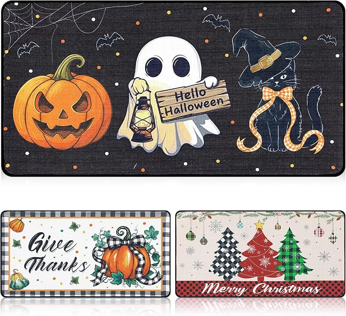 Drydiet 3 Pack Halloween Welcome Door Mats for Fall Thanksgiving Christmas