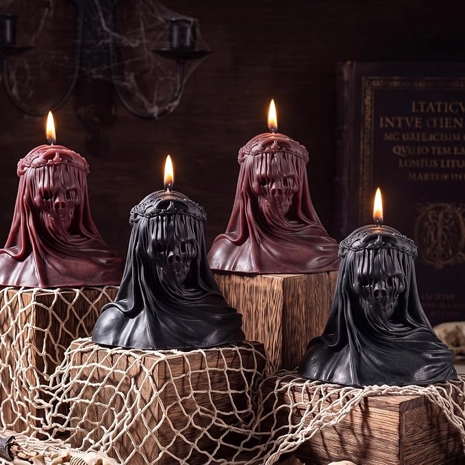 Conelist 4 Pcs Halloween Veiled Skull Candles, Red Black Gothic Decor