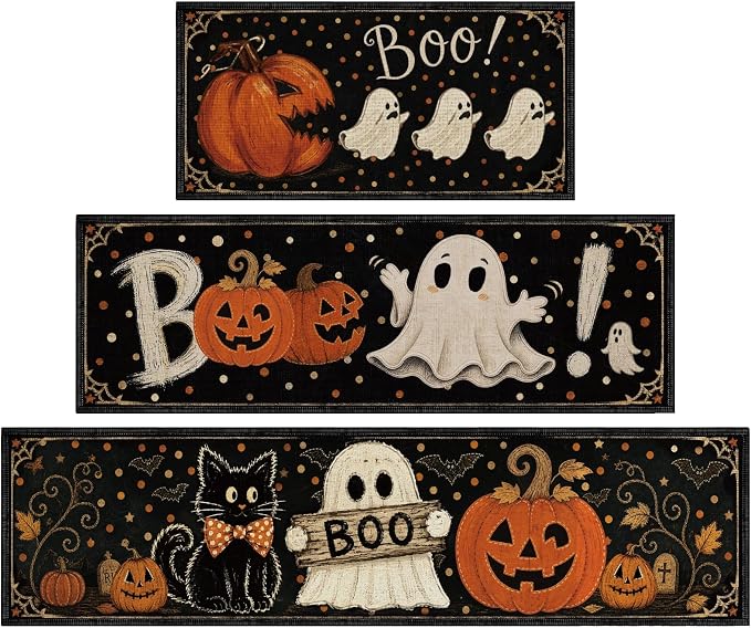 Halloween Cat Ghost Kitchen Mats 3 Pcs Non Slip Washable Rug Set