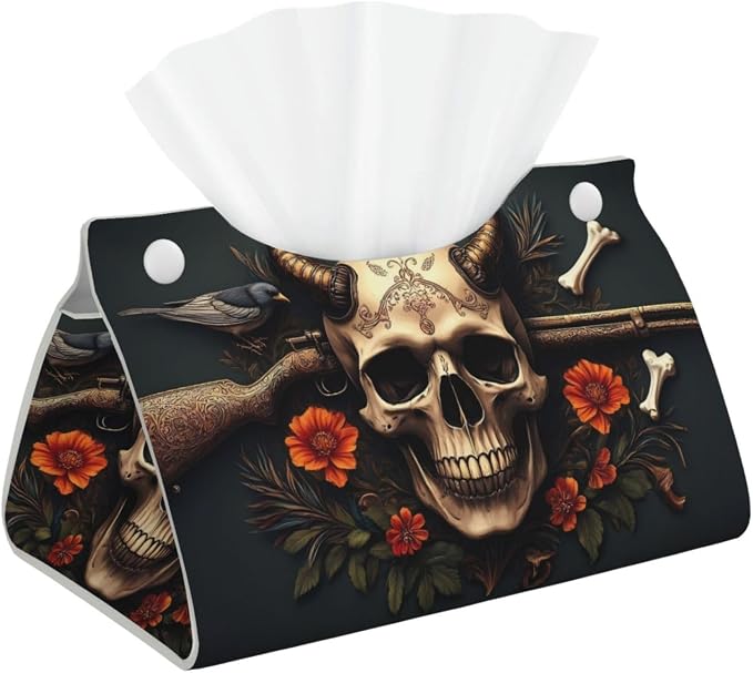 Metal Style Horned Skull for Long Tissue Box Cover, Pu Leather Rectangular Tissue Holder for Bathroom, Desk, Home Decor - skull toilet paper