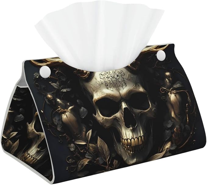 Vintage Ornate Skull Print Tissue Box Cover,Rectangular Pu Leather Tissue Holder for Bathroom Living Room Office - skull toilet paper