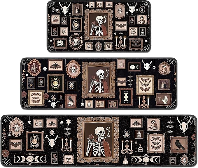 Romart 3 Pcs Halloween Gothic Skeleton Kitchen Rugs Set - skull floor mat