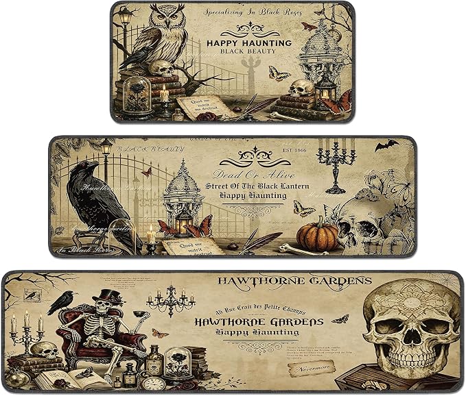 Romart Halloween Kitchen Rugs Set of 3, Gothic Owl Raven Skull Kitchen Mats - skull floor mat