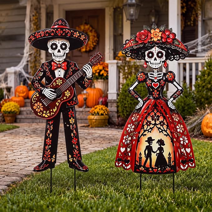 2 Pack Metal Day of The Dead Outdoor Decorations Yard Signs