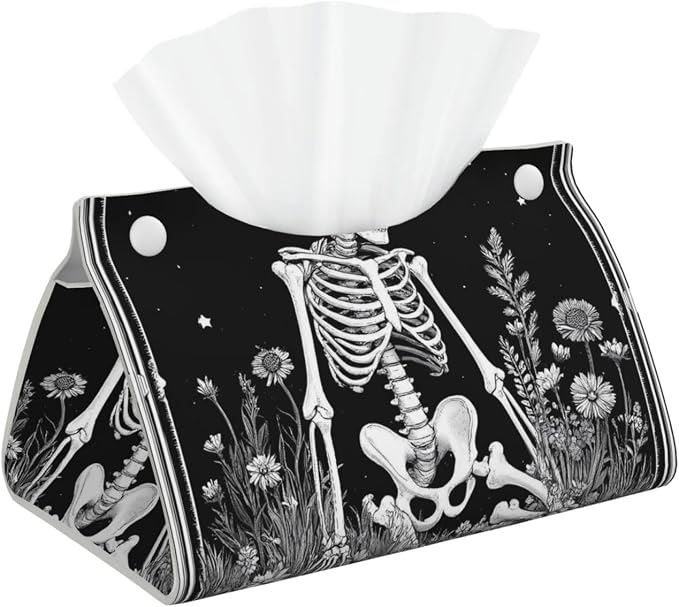 Vintage Black White Plant Skull for Long Tissue Box Cover, Pu Leather Rectangular Tissue Holder for Bathroom, Desk, Home Decor - skull toilet paper