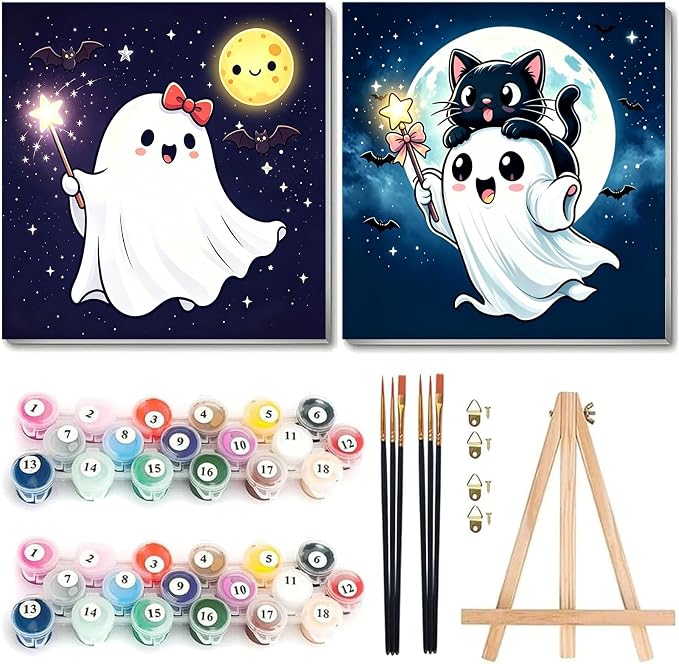 Arttoplus 2 Pack Halloween Paint by Numbers Kit for Kids with Frame 8x8inch - skull painting