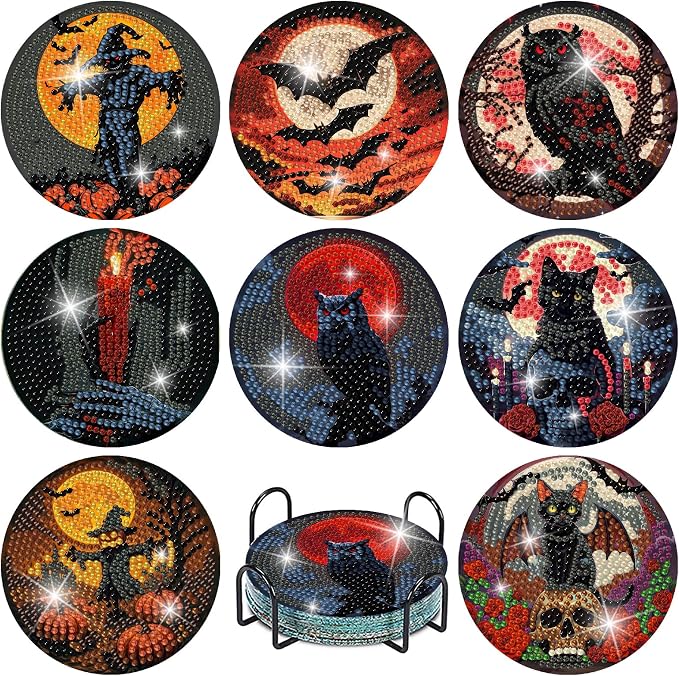 askkqtx 8 Pcs Halloween Diamond Art Coasters Kits with Holder 4X4 Inch - skull coaster
