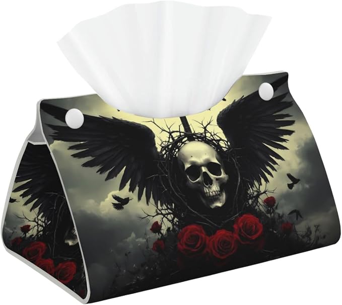 Vintage Winged Rose Skull for Long Tissue Box Cover, Pu Leather Rectangular Tissue Holder for Bathroom, Desk, Home Decor - skull toilet paper