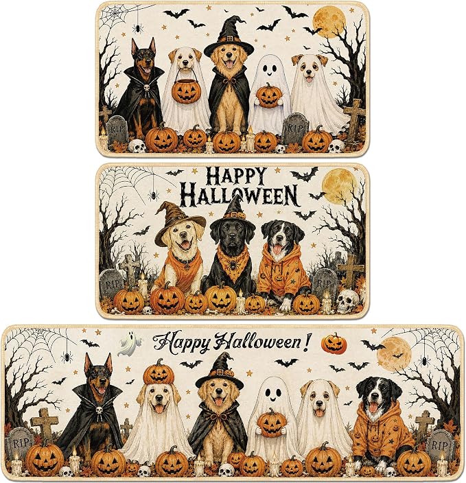 Romart 3 Pcs Halloween Dog Kitchen Rugs Set - skull carpet