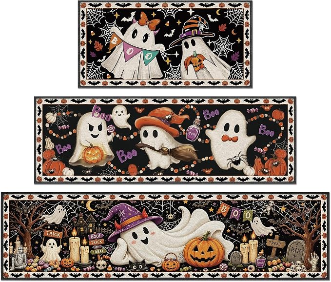Romart Halloween Kitchen Rugs Set of 3, Cute Ghost Witch Kitchen Mats