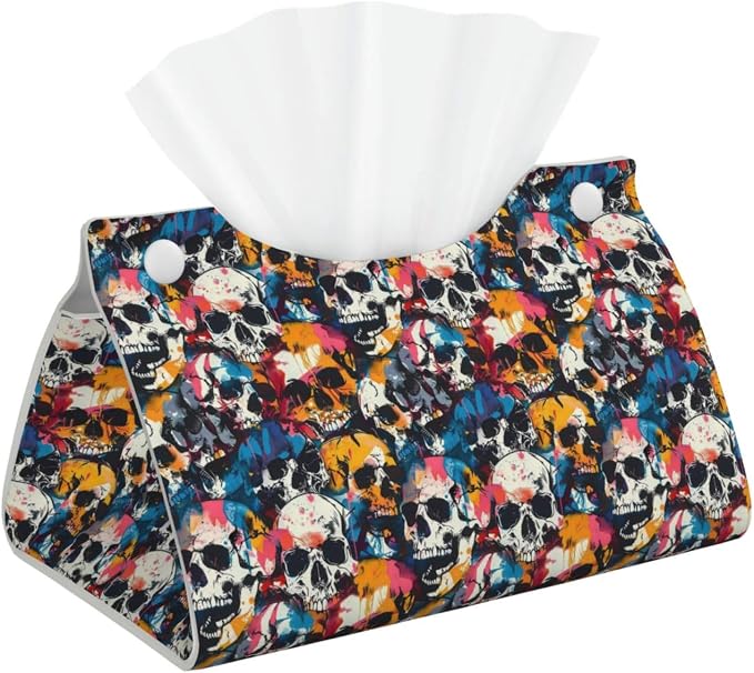 Skull Art Aesthetic (6) for Long Tissue Box Cover, Pu Leather Rectangular Tissue Holder for Bathroom, Desk, Home Decor - skull toilet paper