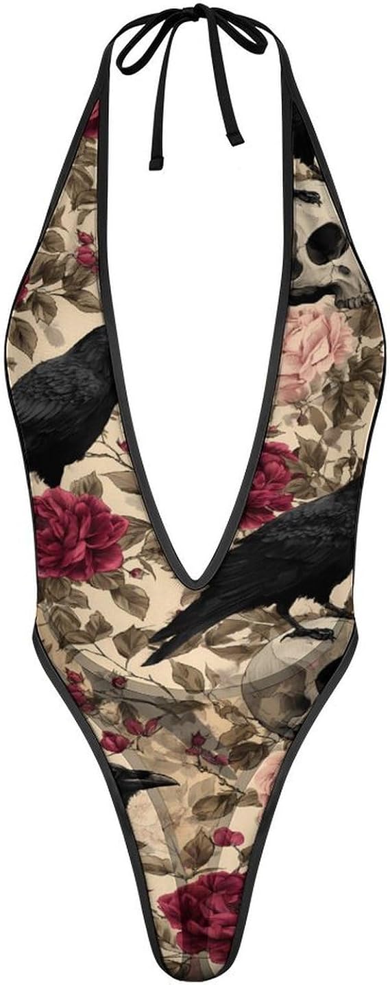 Ravens Skull Roses Women’s Lingerie Deep V Bodysuit Thong Halter Sexy Underwear - skull swimsuit