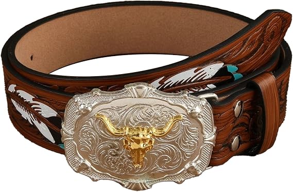 Men's Western Cowboy Leather Belt, Bull Skull Long Horn Belt Buckle, Feather Embossed Genuine Leather Cowboy Belts for Jeans - skull wallet