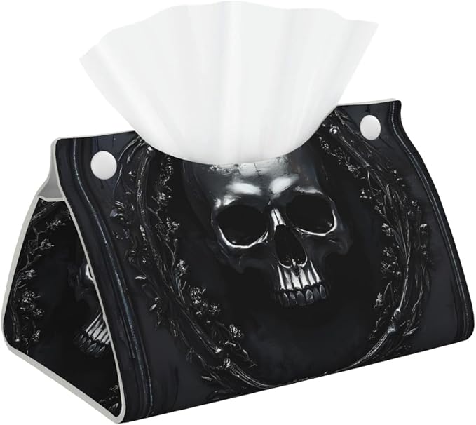 Ornate Dark Skull Book for Long Tissue Box Cover, Pu Leather Rectangular Tissue Holder for Bathroom, Desk, Home Decor - skull toilet paper