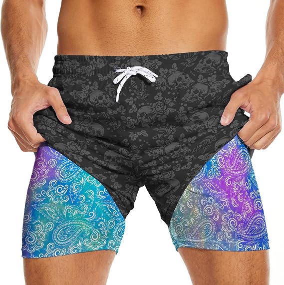 Men's 2 in 1 Swim Trunks Board Shorts - skull swimsuit