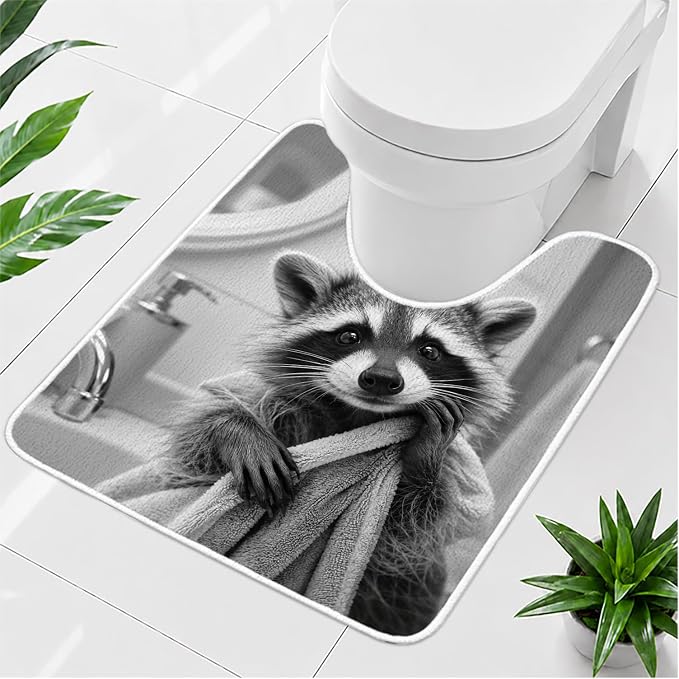 Funny Raccoon U Shaped Toilet Rug, 24x20in Washable Bathroom Mat - skull toilet rug