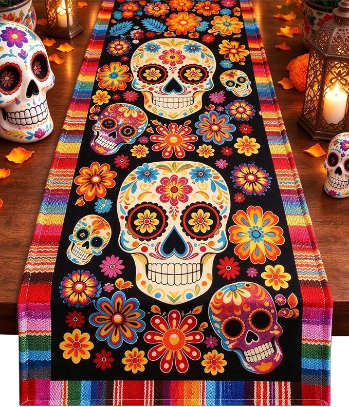 Dia De Los Muertos Table Runner, Sugar Skull Floral 13x72 - skull floor mat