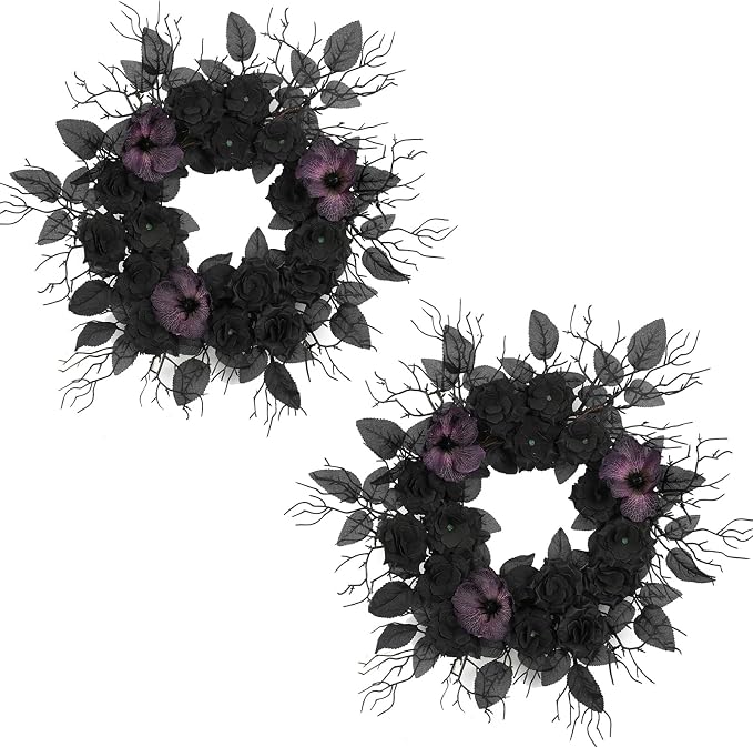 2PCS 16Inch Halloween Black Purple Flowers Wreath for Front Door