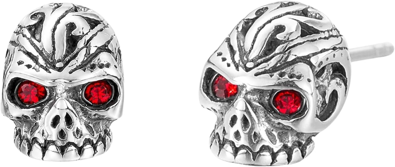 Stainless Steel Skull Stud Earrings Red Crystal Eye Gothic Punk Skeleton Earrings Men Women Vintage Tribal Carved Halloween Costume Jewelry Rock Biker Hip Hop Party Accessories - skull ring