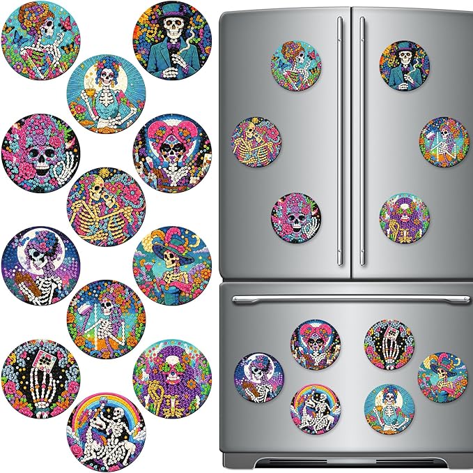 Zonon 12 Pcs Halloween Diamond Art Magnets Sugar Skull Diamond Painting - skull sticker