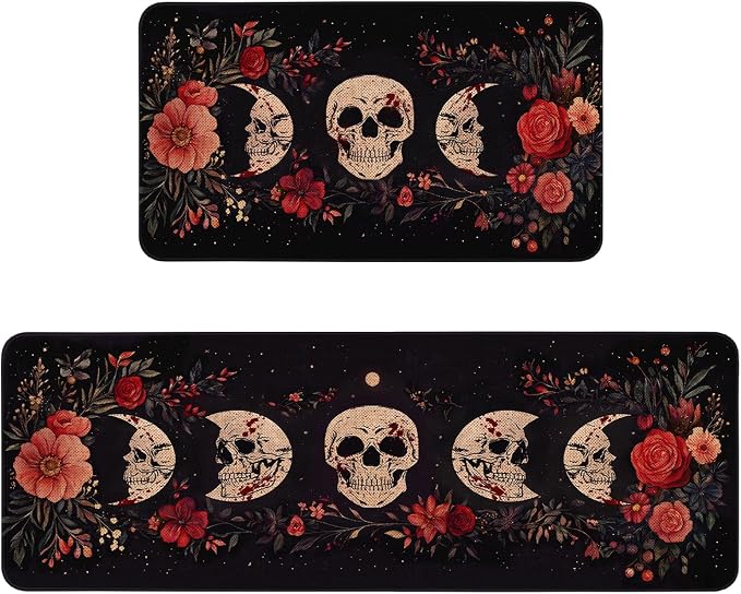 Halloween Kitchen Rugs Set of 2,Horror Skull Kitchen Mats for Floor,Halloween Kitchen Decor Non-Slip Doormat + Runner Rug