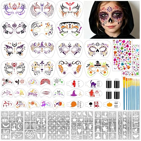 58PCS Halloween Face Paint Stencils Kit Includes 36 Reusable Facial Painting Stencils, 6 Sheets Tattoo Templates Stickers, 10 Brushes, 2 Pack Adhesive Gems, 4 Sponge for Halloween Party Makeup - skull painting