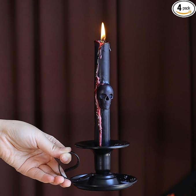 4 Pack Skull Black Drip Taper Candles,8 Inch Vampire Blood Bleeding Candles,Unscented Long-Burning Gothic Candlesticks for Horror Movie Night, Dark Romance & Party Decor - skull candle