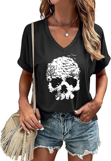 Butovek Womens Fall Halloween Thanksgiving V Neck Shirt - skull leggings