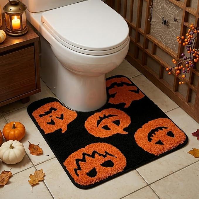 Orange Pumpkin U Shaped Toilet Rug Halloween Bathroom Mat 22x20 inch - skull toilet mat