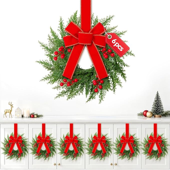 6 Pcs Mini Wreaths for Cabinets with Bow, Realistic Small Christmas Wreath - skull wreath