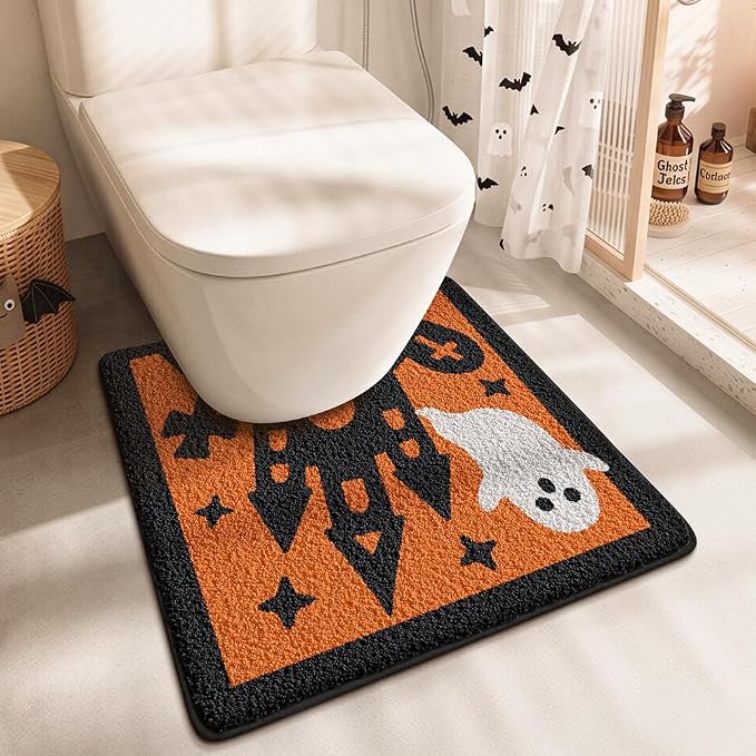 Halloween Ghost U Shaped Toilet Rug, Black Castle Bath Mat 22×20 inch