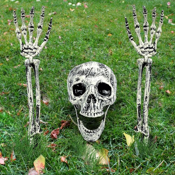 Realistic Skeleton Stakes Halloween Decorations 3-Piece Set with Skull & Adjustable Arm for Scary Yard Lawn Graveyard Garden Halloween Skeleton Decoration Outdoor Bust (5.31"x7.48"x5.51") - skeleton