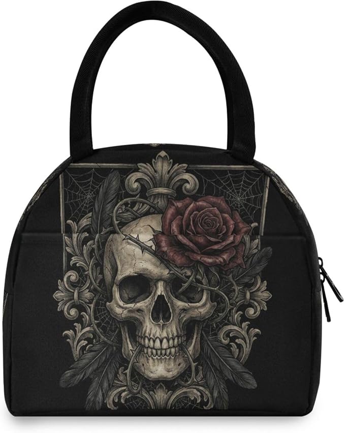 Vintage Gothic Rose Skull Lunch Bag Box Tote Organizer Lunch Container Insulated Zipper Meal Prep Cooler Handbag For Women Men Home School Office Outdoor Use