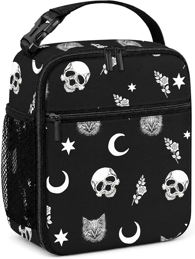 Lunch Box Girls Boys Women Insulated Lunch Bag, Gothic Skull Cat Moon