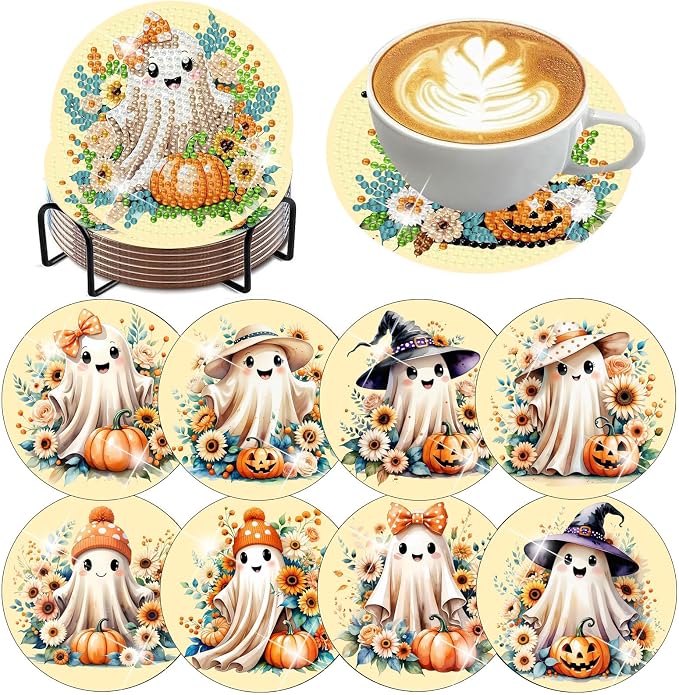 8 PCS Halloween Diamond Art Coasters, Ghost Diamond Painting Coasters 4x4In - skull coaster